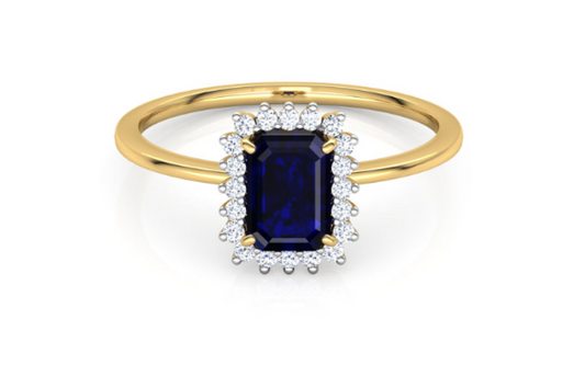 Blue Gemstone And Round Natural Diamond Engagement Ring In Yellow Gold 14K www.24kdiamond.com