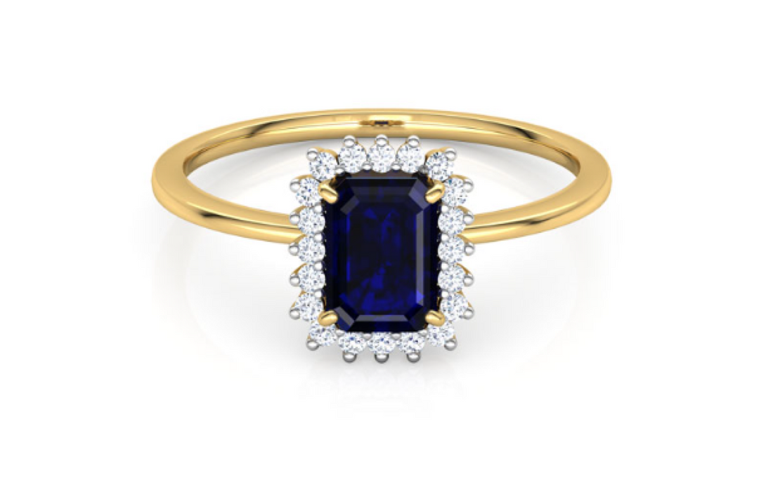 Blue Gemstone And Round Natural Diamond Engagement Ring In Yellow Gold 14K www.24kdiamond.com