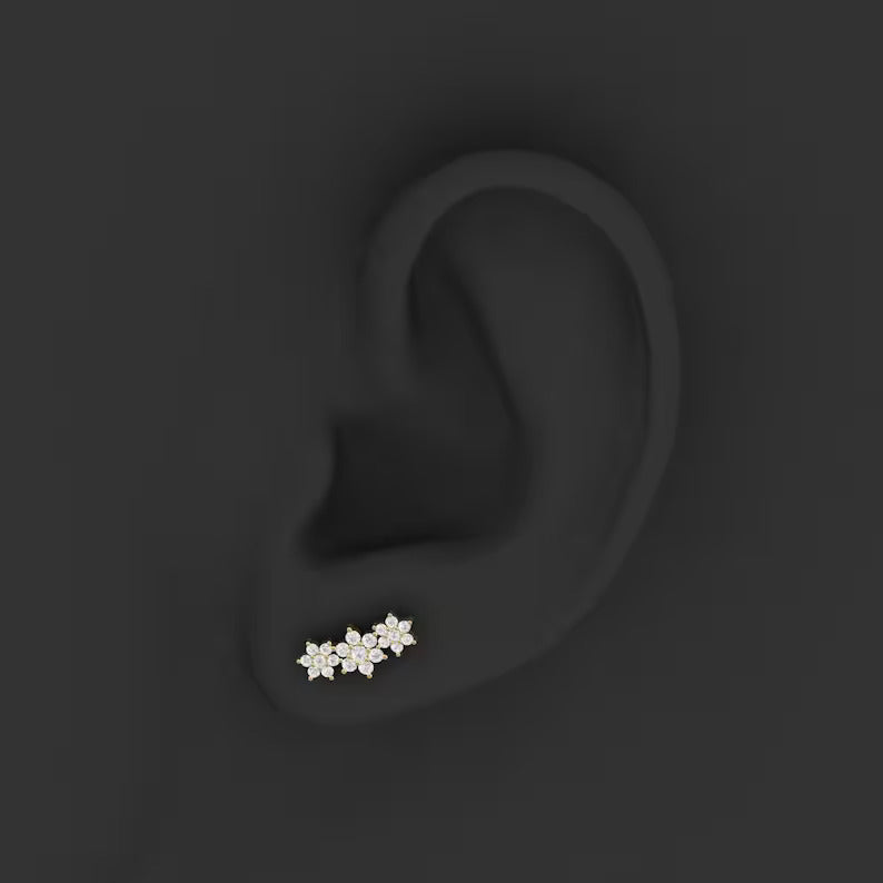 3 Flower Diamond Ear Climber Earrings Yellow Gold 24kdiamond