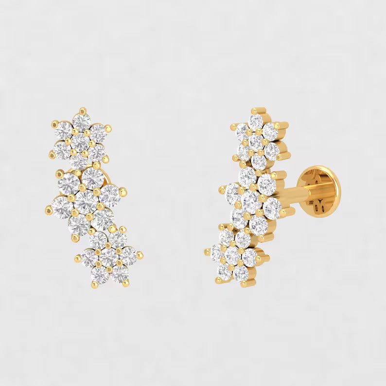 3 Flower Diamond Ear Climber Earrings Yellow Gold 24kdiamond