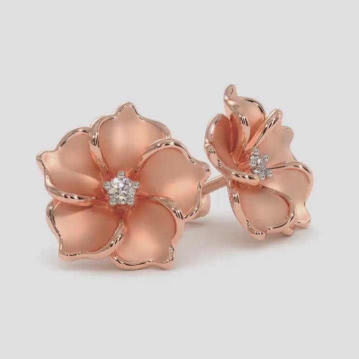 Rose Flower Diamond Earrings Stud Rose Gold, 14Karat And 18Karat, Real Diamond And Lab Grown Diamond