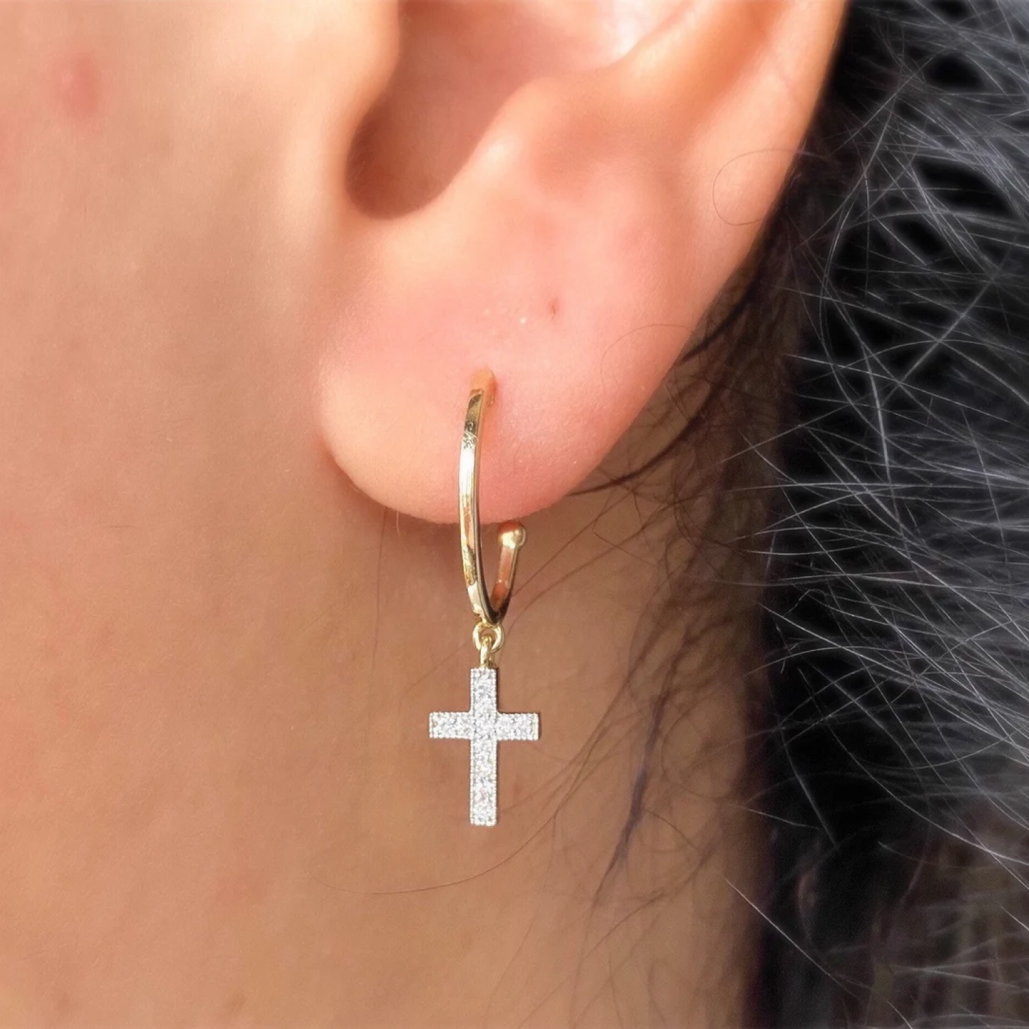 Dangling Cross Earrings, Diamond Hoop Earrings 24kdiamond